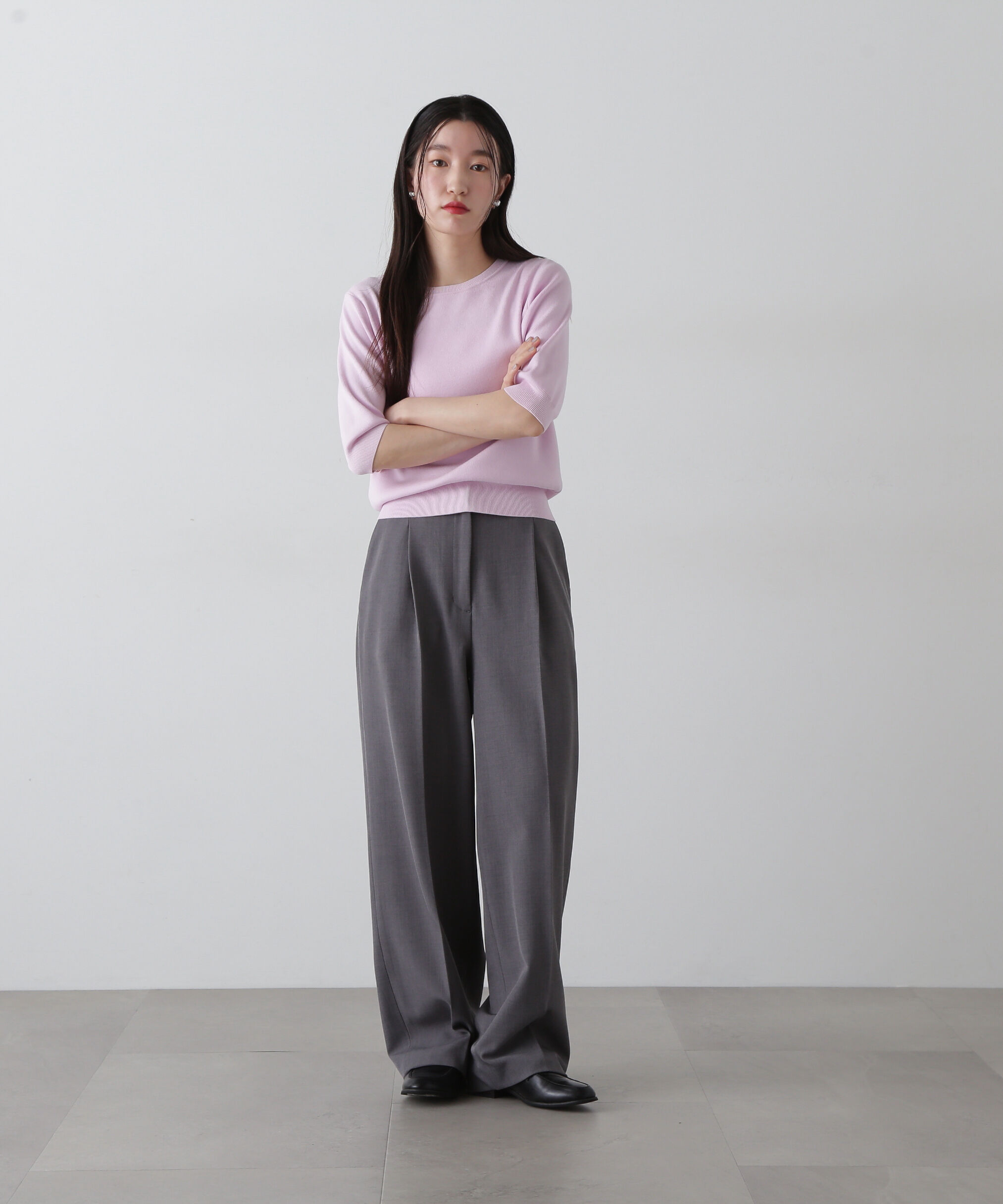  「総針クルーネック五分袖ニット」|ニット・セーター|