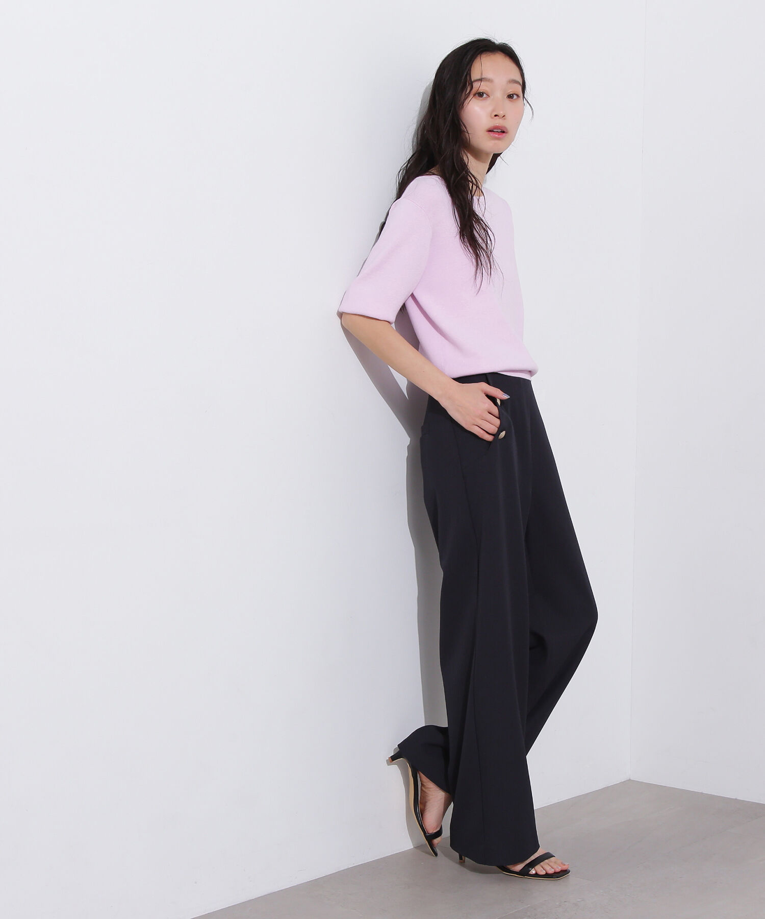  「総針クルーネック五分袖ニット」|ニット・セーター|