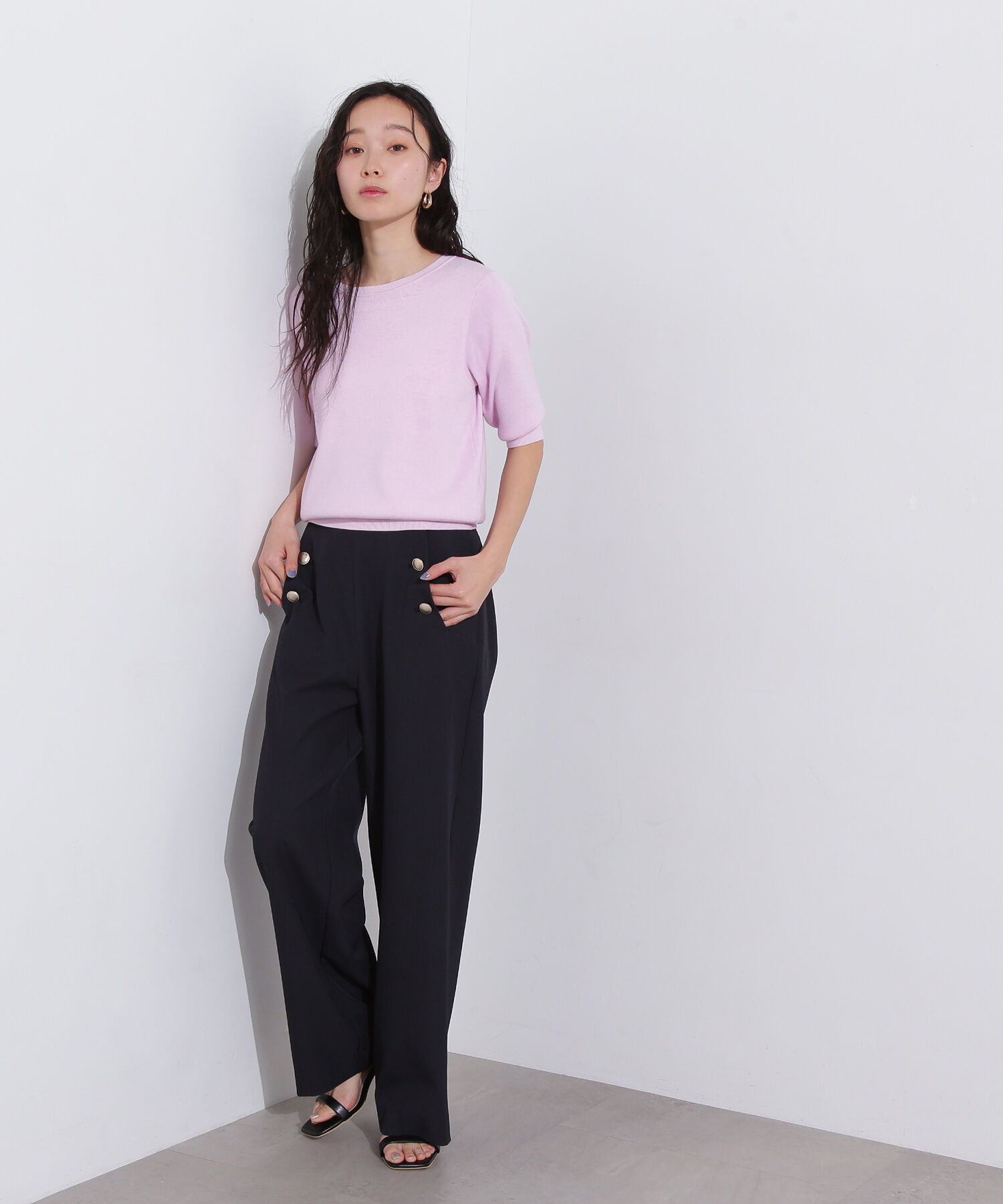  「総針クルーネック五分袖ニット」|ニット・セーター|