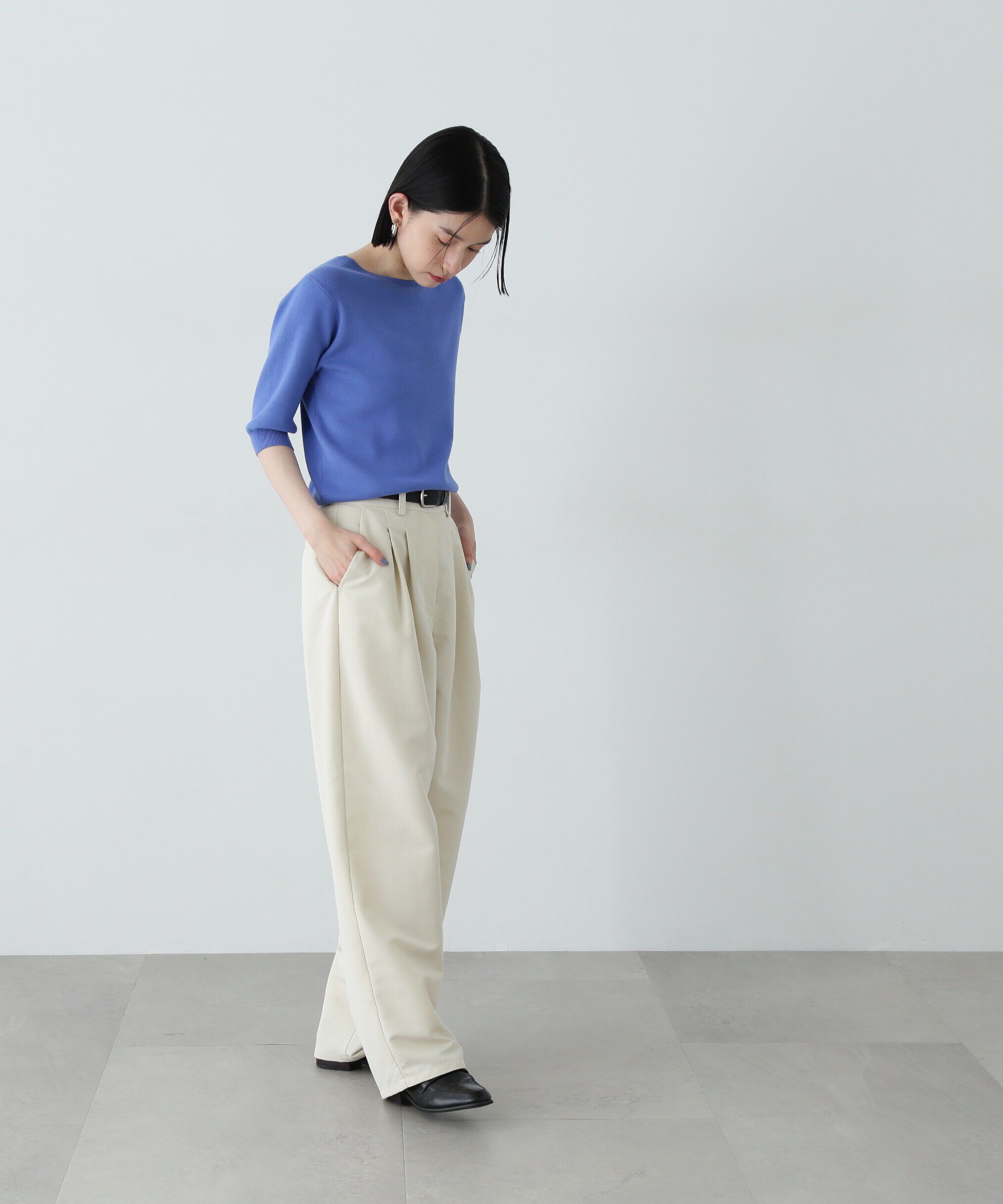  「総針クルーネック五分袖ニット」|ニット・セーター|