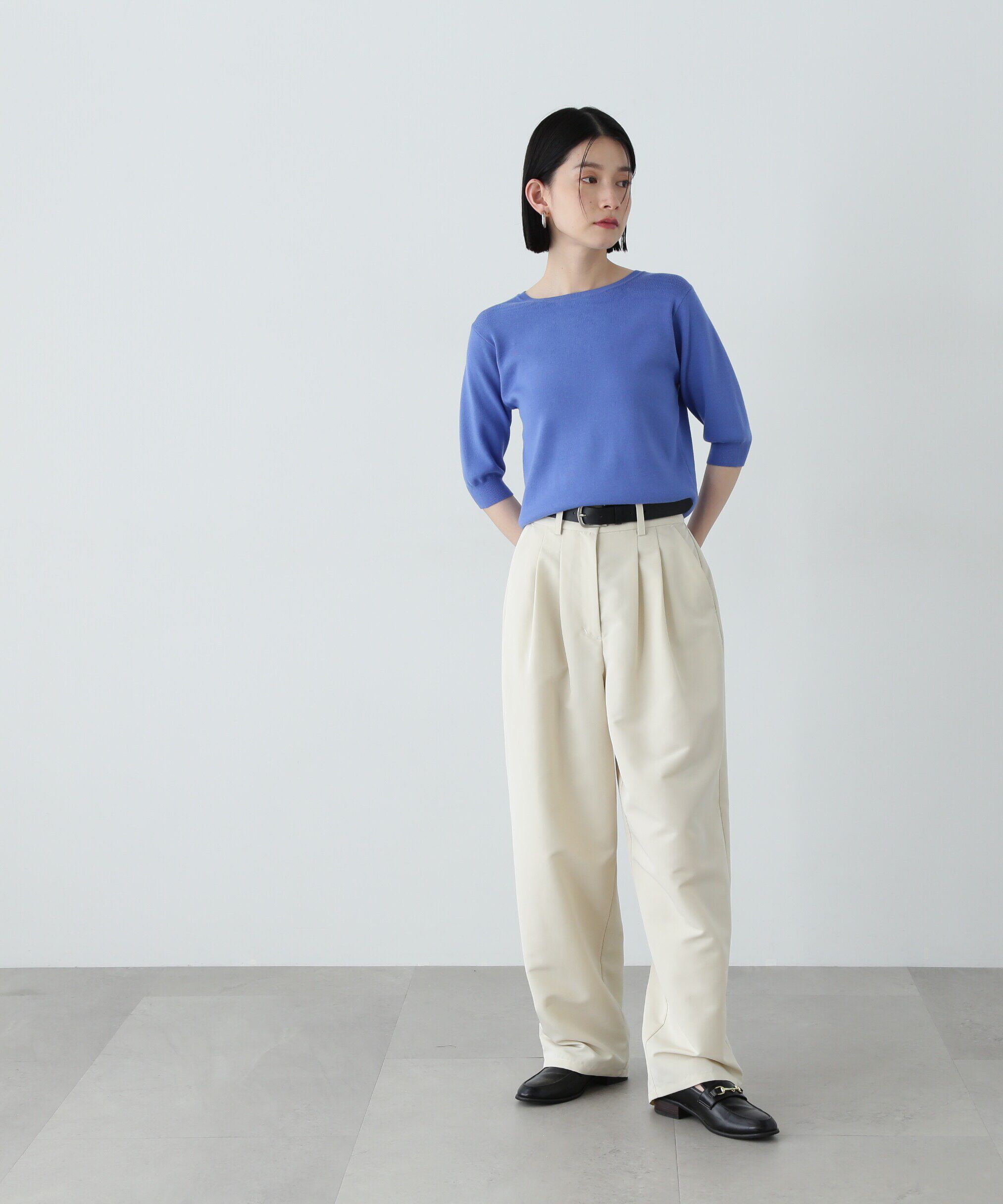  「総針クルーネック五分袖ニット」|ニット・セーター|