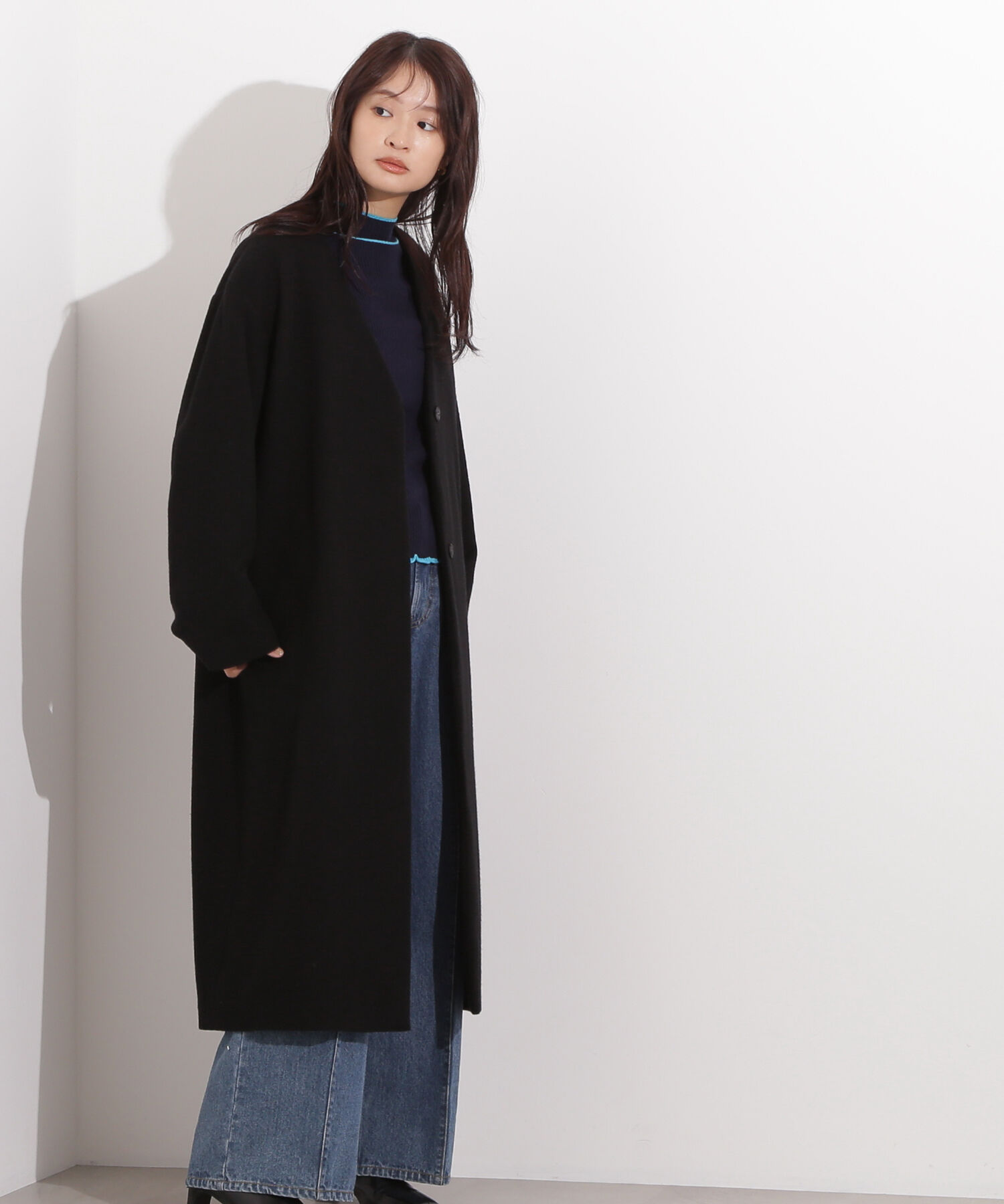  「カラーレスロングコート」|その他|ブラック