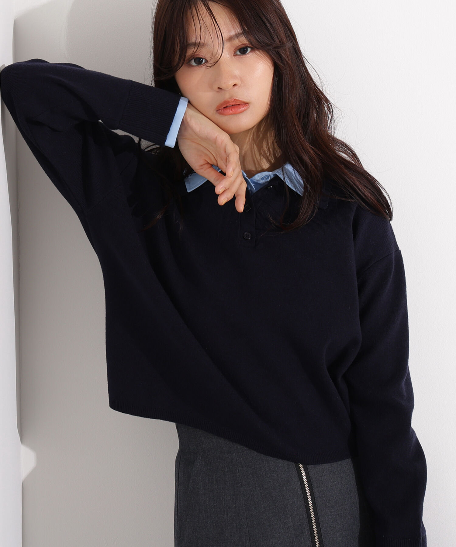  「シャツレイヤードニット」|ニット・セーター|ネイビー2