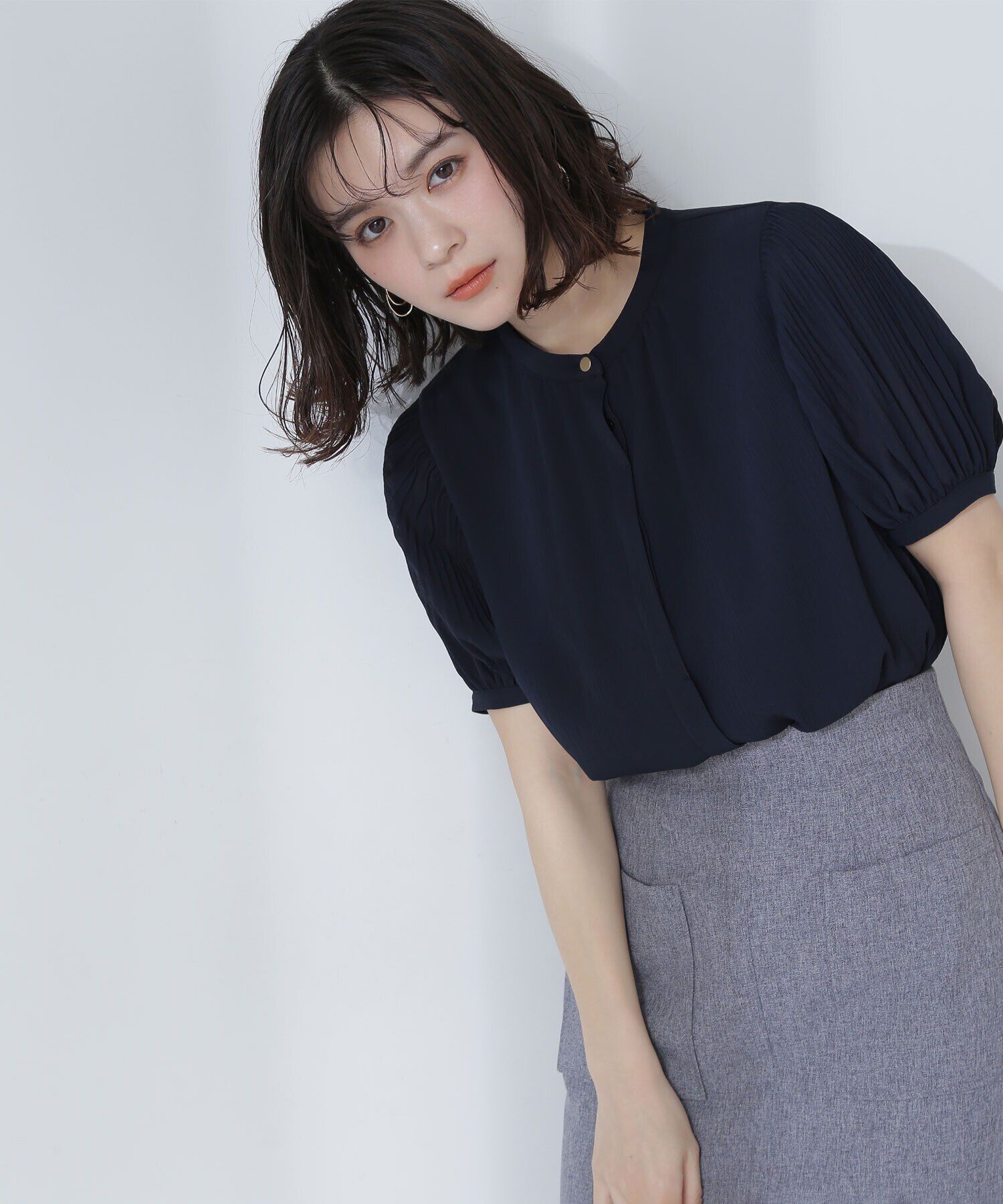  「メタルポイント楊柳ブラウス」|シャツ・ブラウス|ネイビー