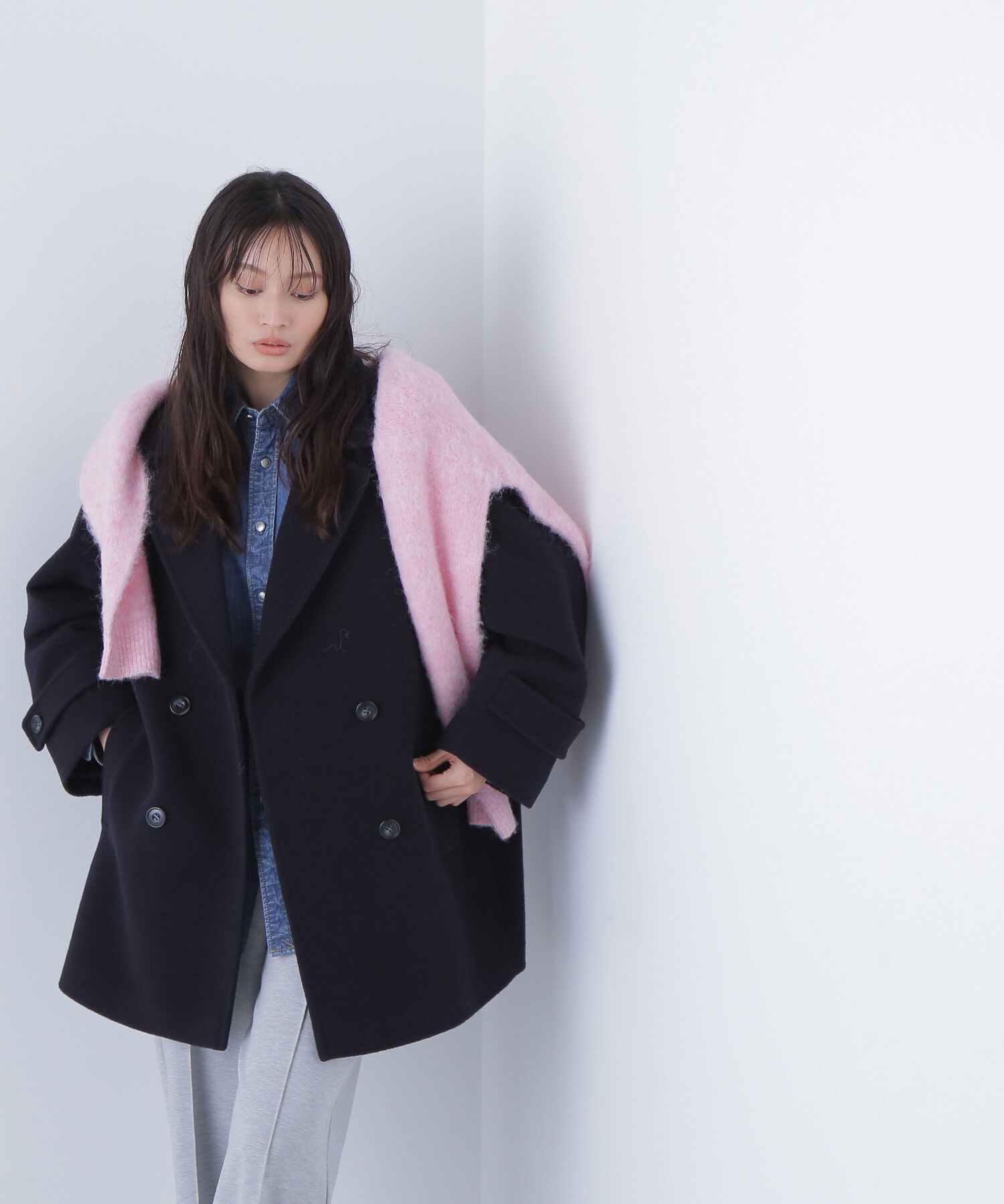  「ダブルブレストフォルムミドルコート」|ブルゾン・スタジャン|ネイビー