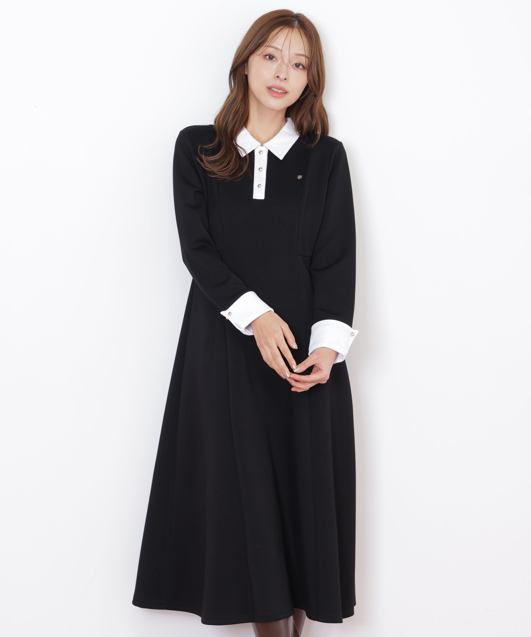  「ポロ衿カットソーフレアワンピース」|ワンピース|ブラック