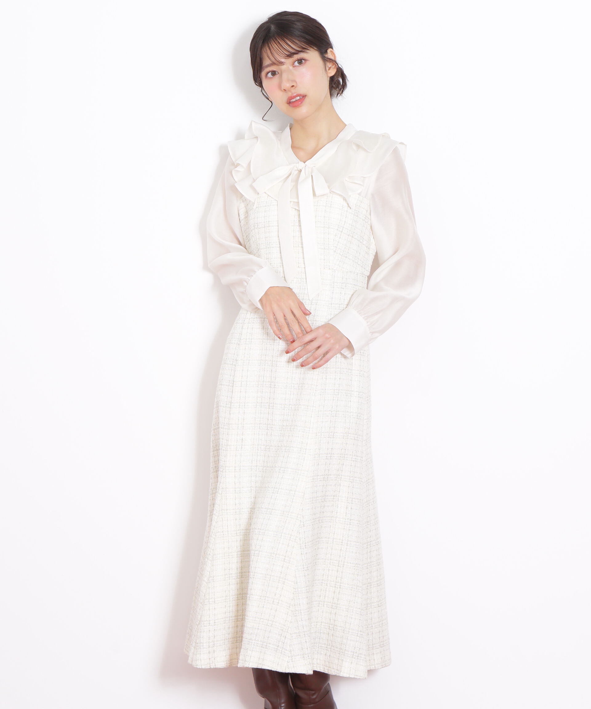  「ブラウスドッキングツィードワンピース」|ワンピース|