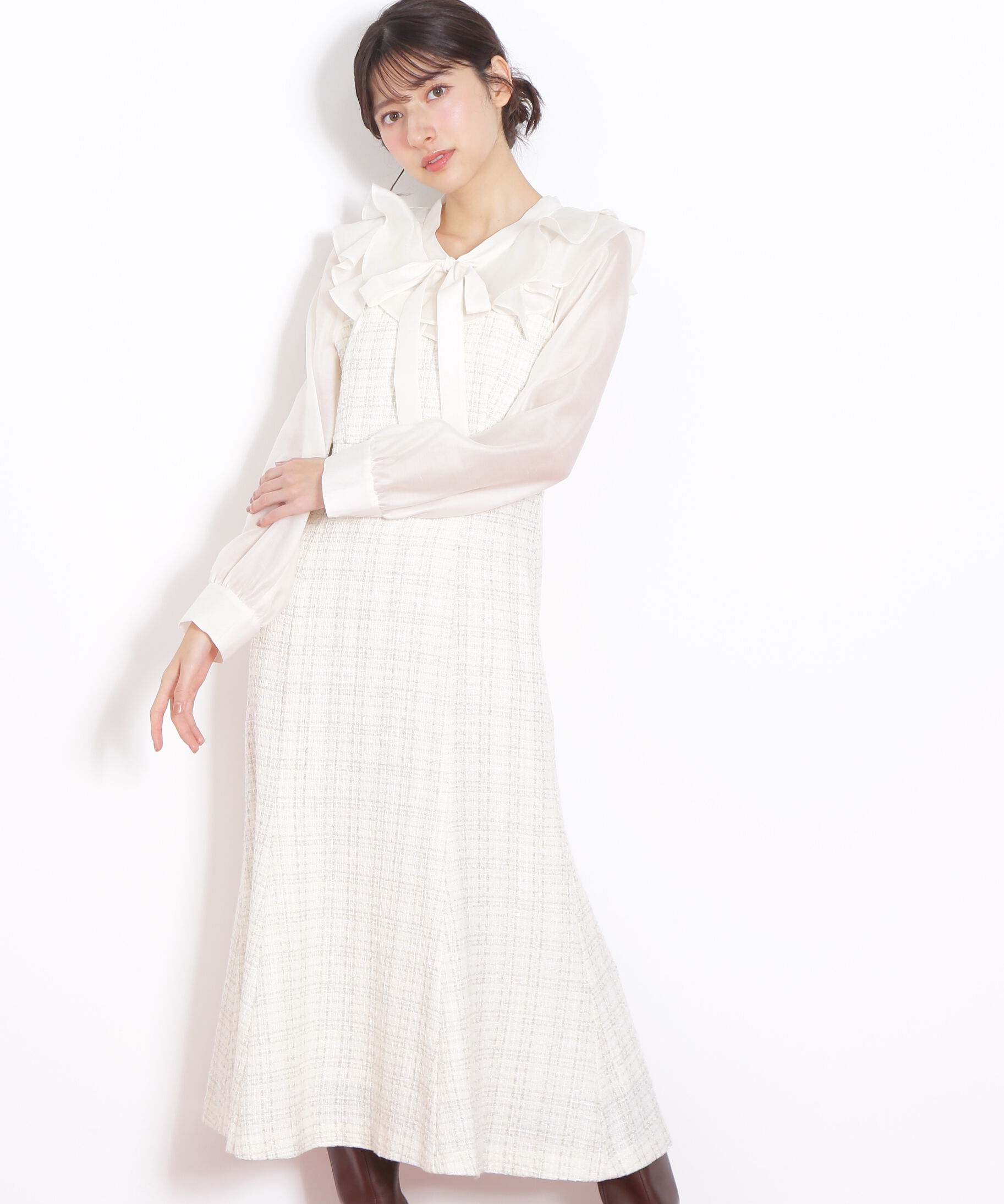  「ブラウスドッキングツィードワンピース」|ワンピース|