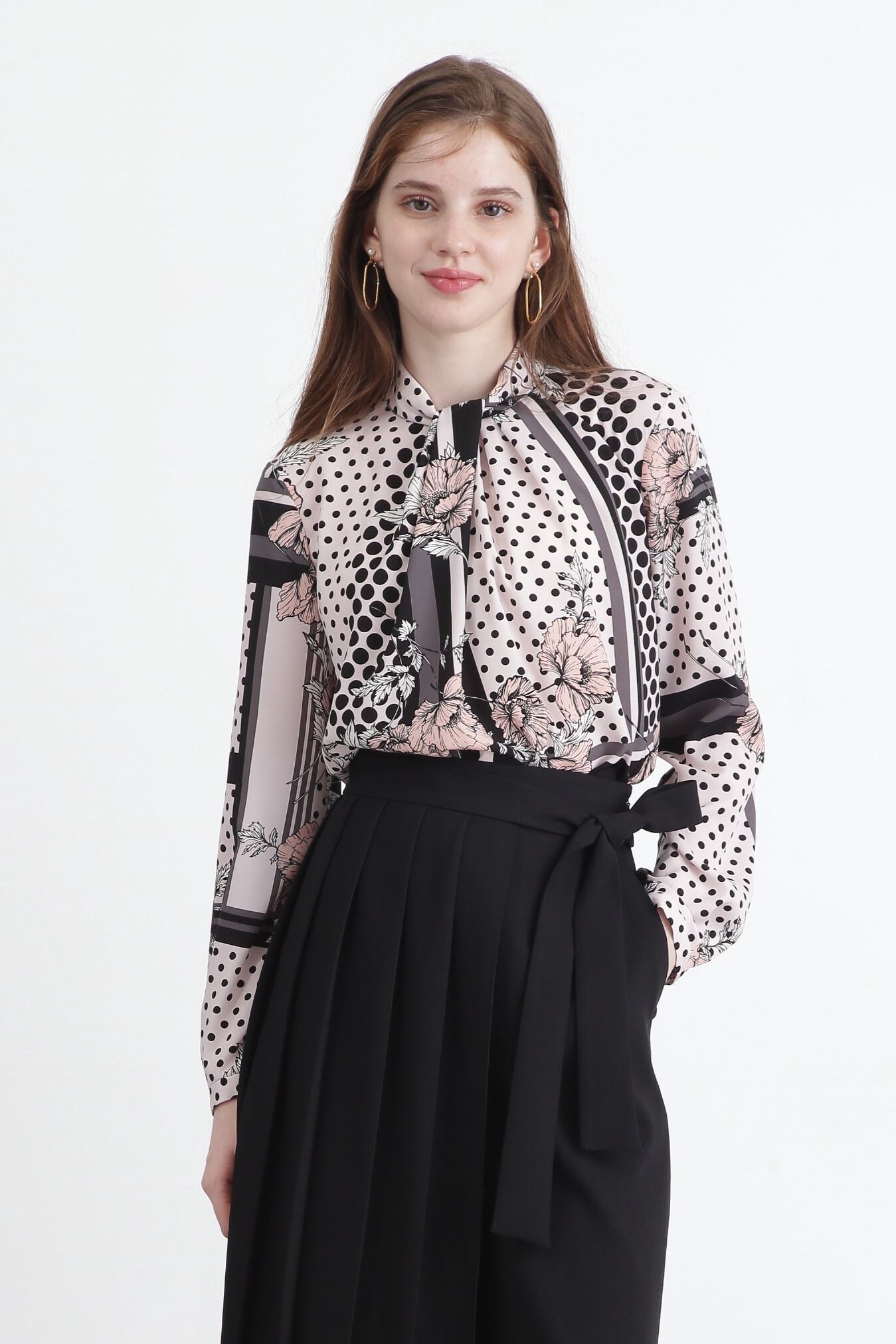  「◆ラインブロックフラワープリントブラウス」|シャツ・ブラウス|ピンク系1