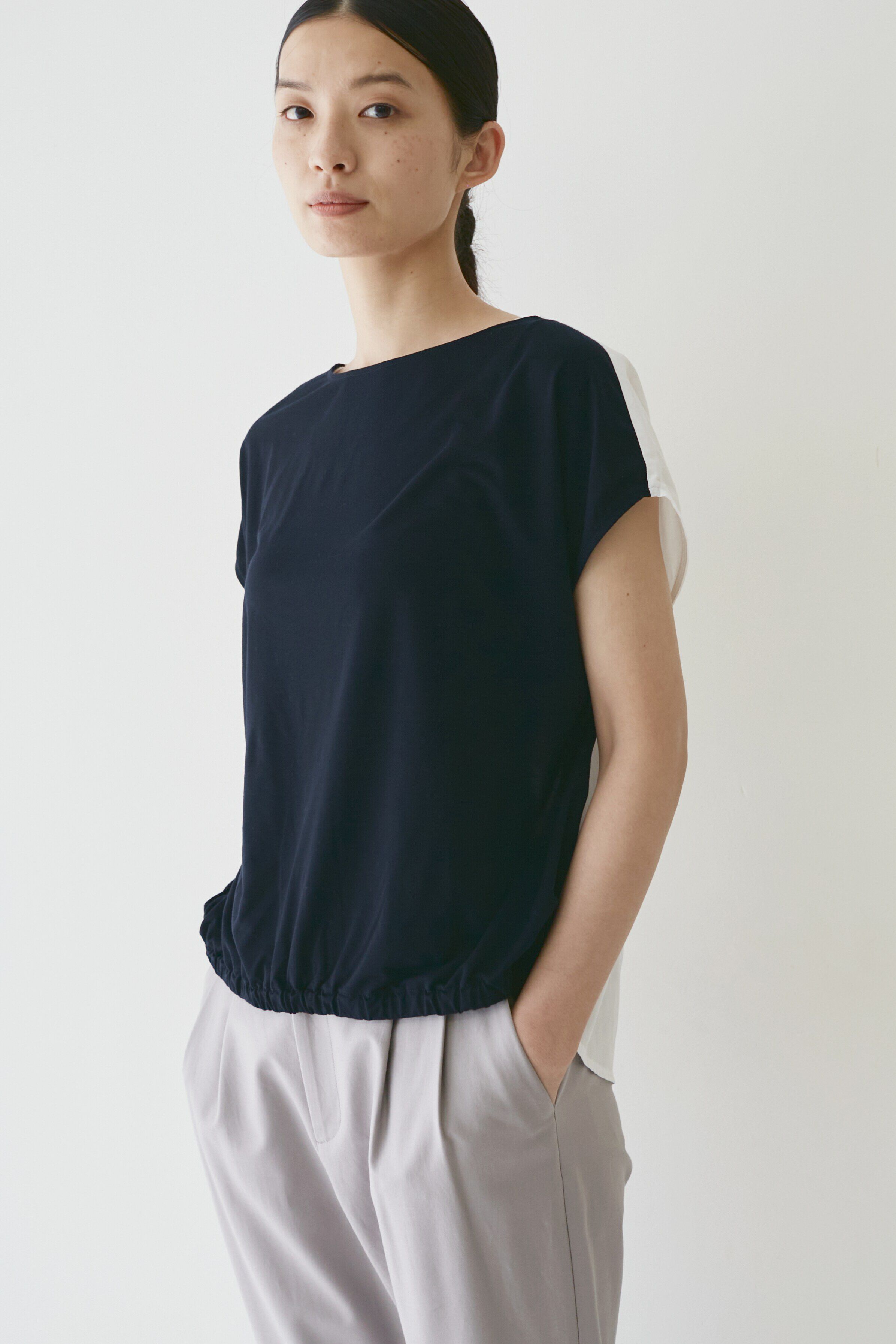  「◆布帛ドッキングカットソー」|Tシャツ・カットソー|ネイビー&times;ホワ