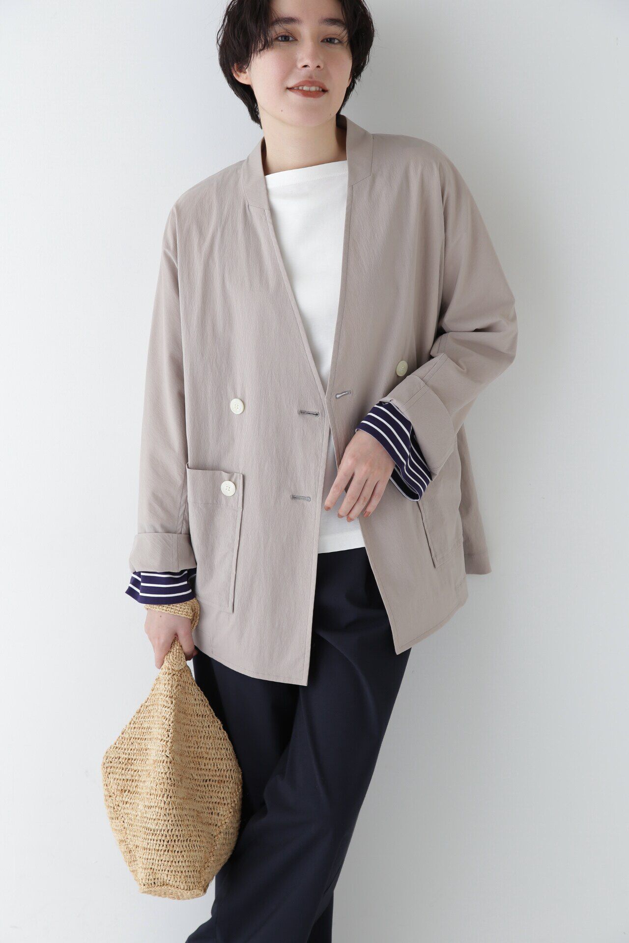  「◆ナイロンポリエステルストレッチストライプノーカラーPコート」|その他|ベージュ3