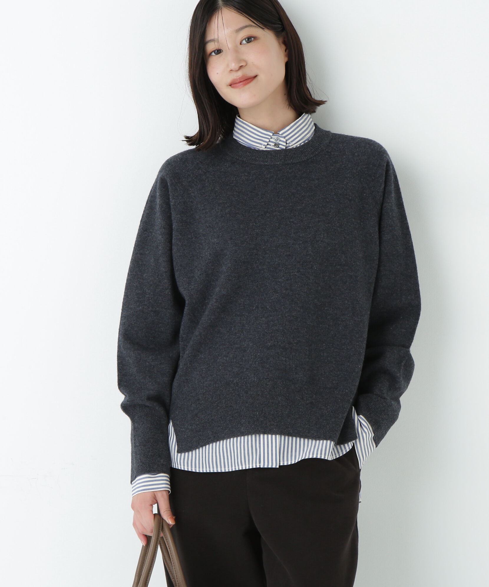  「◆ミドルゲージウールクルーネックプルオーバー」|ニット・セーター|チャコール1
