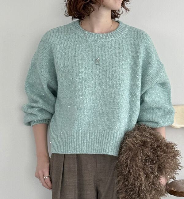 Doux archives「スパンコールショートニットプルオーバー」|ニット・セーター|MINT GREEN