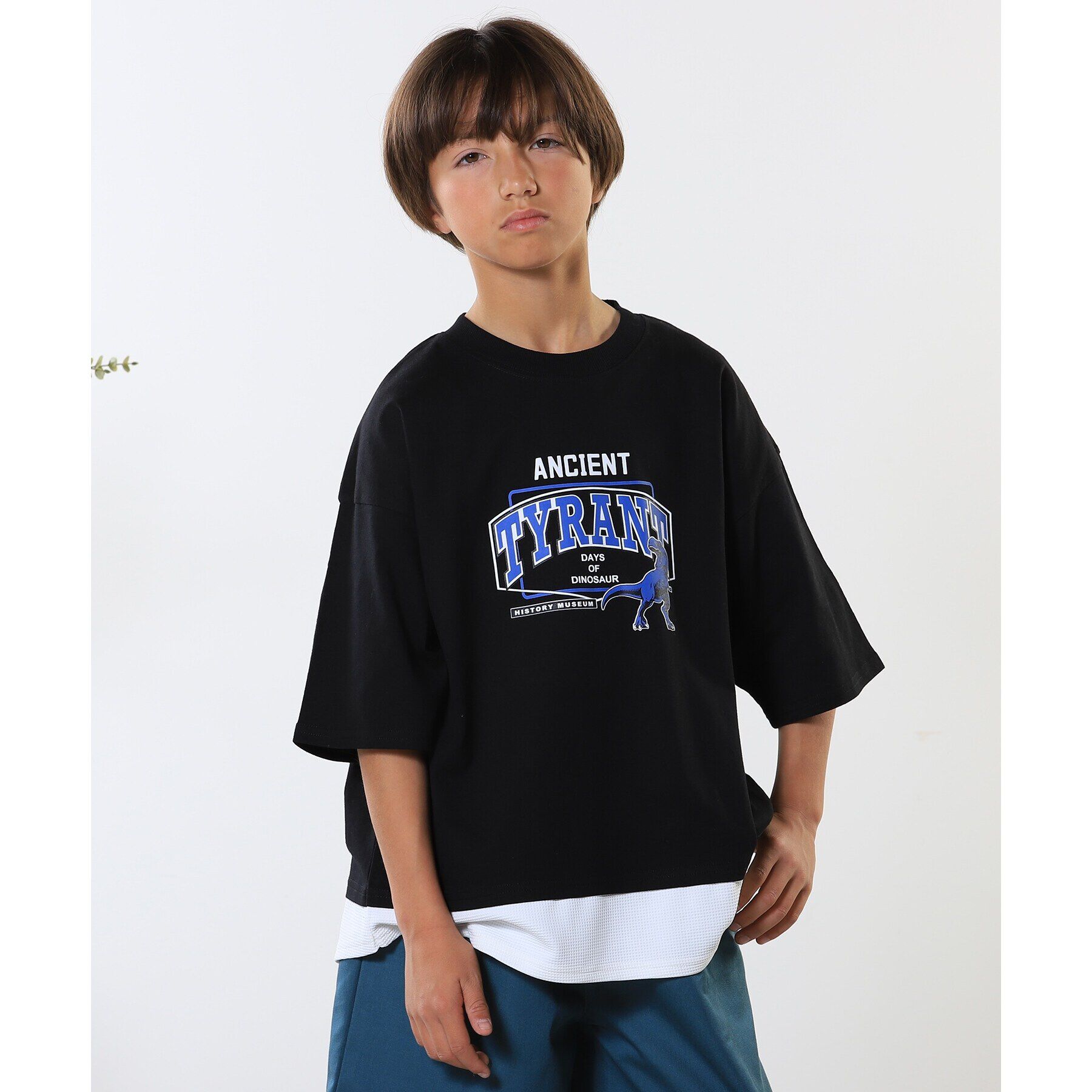 SHOO･LA･RUE「【100-150cm】アソートプリント裾レイヤード五分袖Tシャツ」|Tシャツ・カットソー|ブラック(019)
