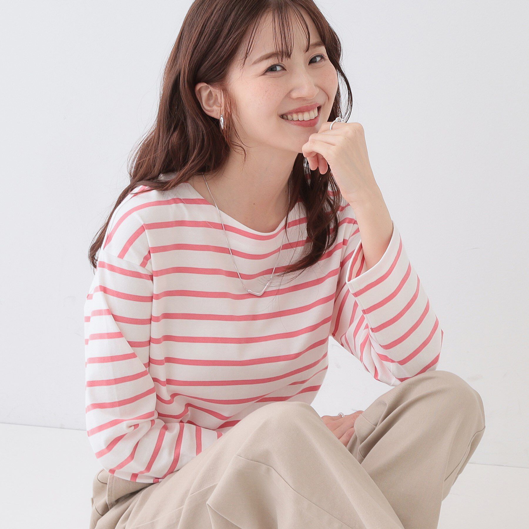 SHOO･LA･RUE「【洗える/S-LL】シンプルだから着回ししやすい コットンアソートロンT」|Tシャツ・カットソー|ピンク(372)