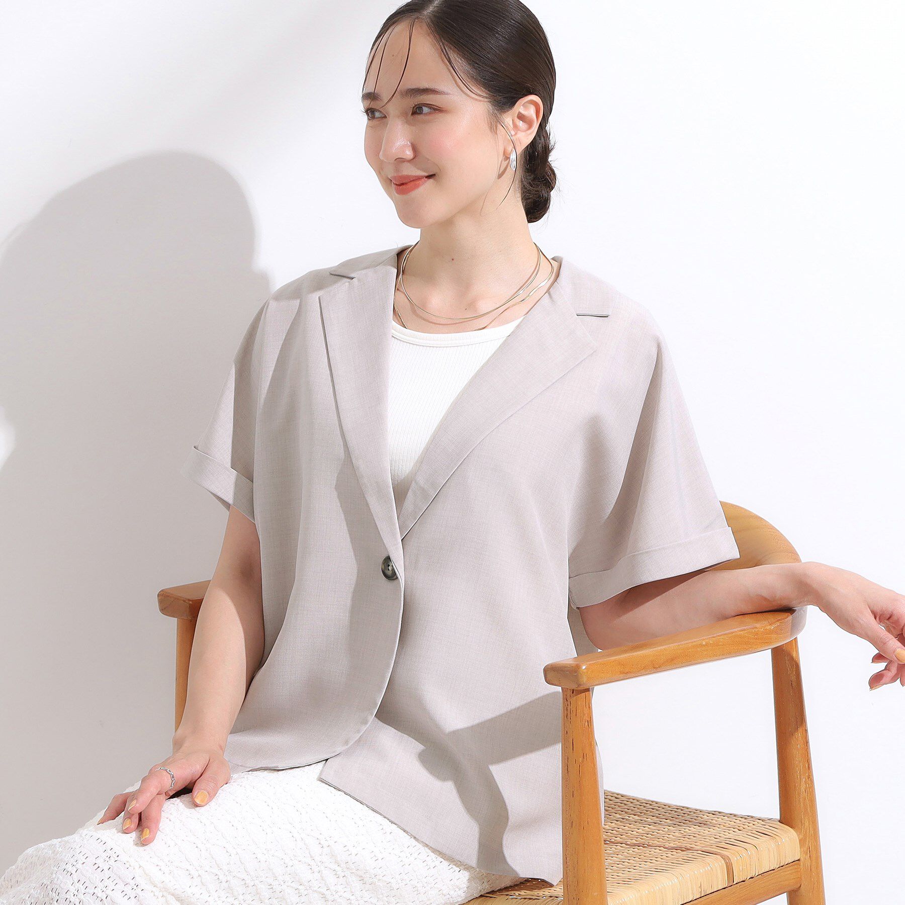 SHOO･LA･RUE「【S-LL】さらりと着たい大人のための 麻調半袖ジャケット」|テーラードジャケット|グレージュ(050)
