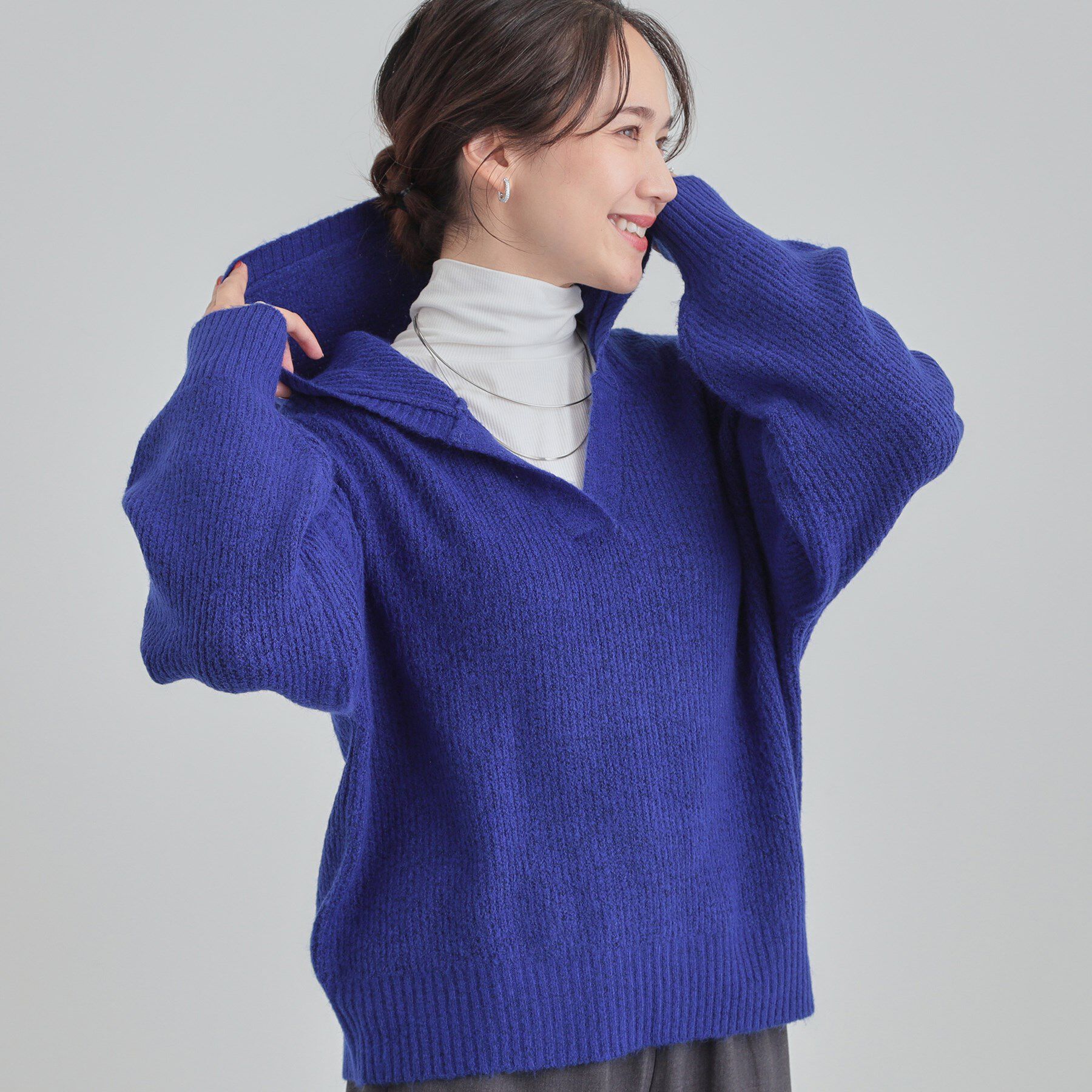 SHOO･LA･RUE「【S-LL】ふんわり Vネックフードニット」|ニット・セーター|ブルー(093)