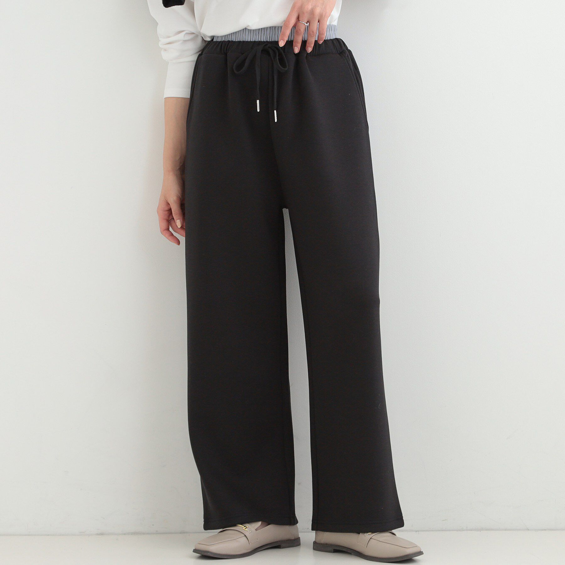 SHOO･LA･RUE「【セットアップ可/S-LL/なめらかタッチ】ダブルウエスト レイヤードパンツ」|その他|ブラック(019)