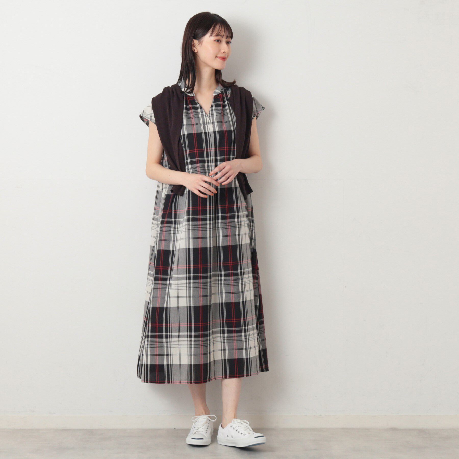 Dessin「【洗える】チェック柄フレンチスリーブワンピース」|ワンピース|