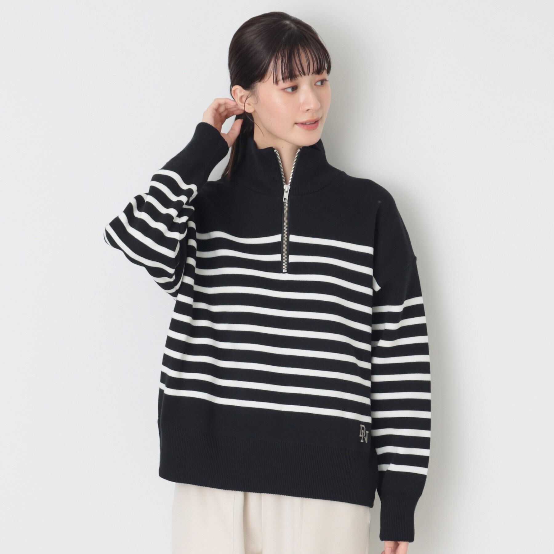 Dessin「【ユニセックス・洗える】ハーフジップボーダーニット」|ニット・セーター|ブラック(219)