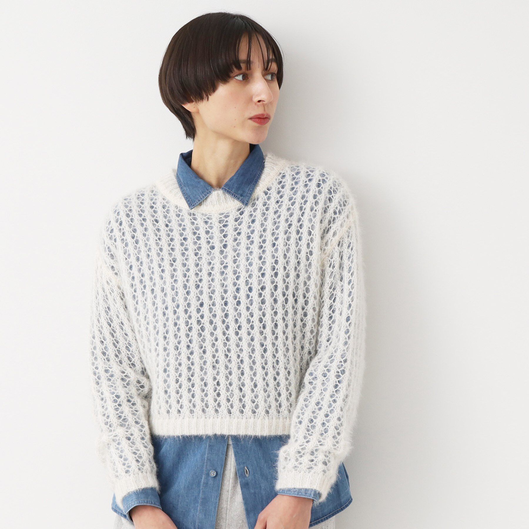 Dessin「【洗える】ショート丈メッシュラメニット（S～L）」|ニット・セーター|ホワイト(002)