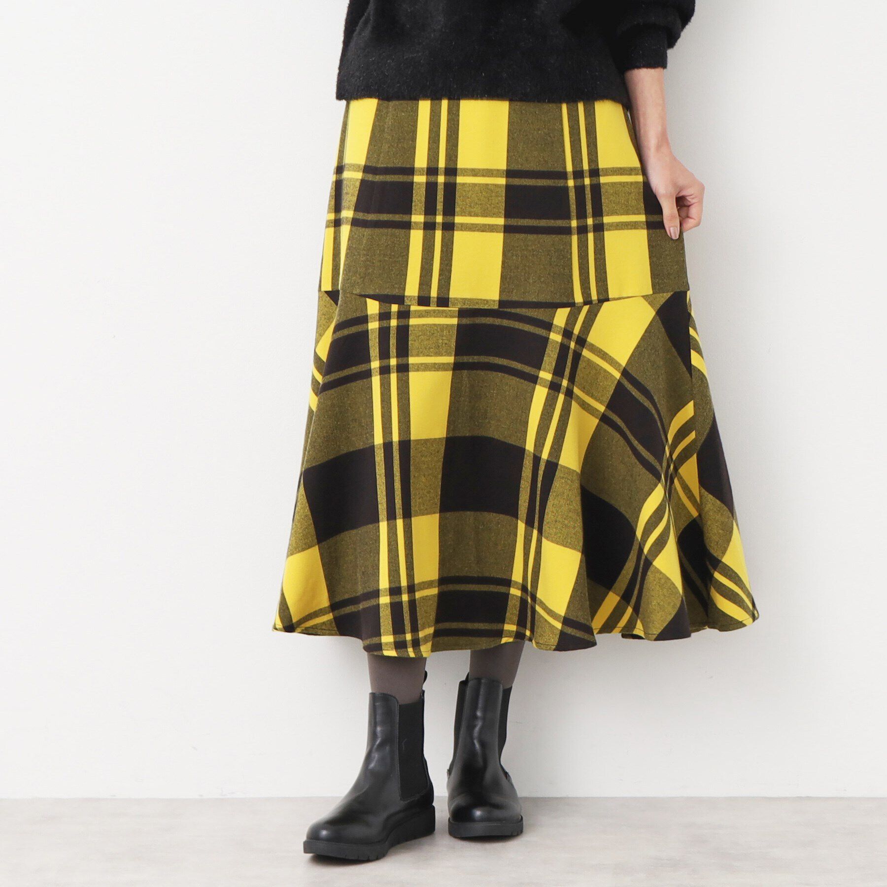 Dessin「【後ろゴム・洗える】起毛チェック柄切り替えフレアスカート（XS～L）」|スカート|