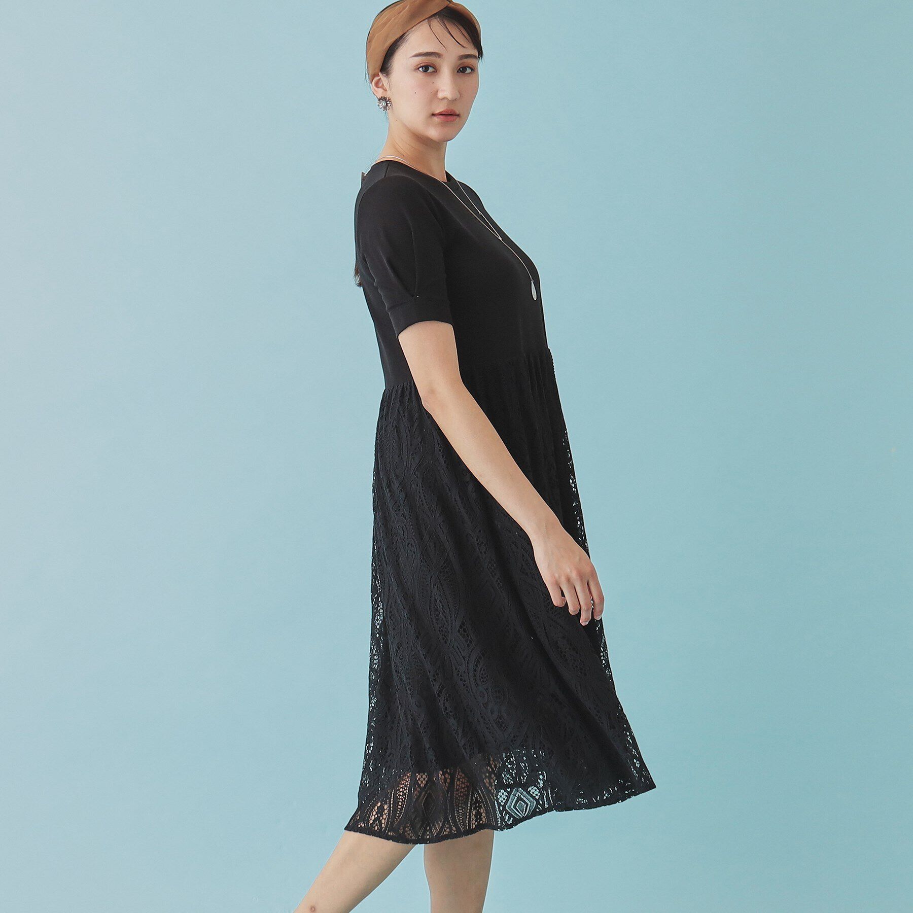 SunaUna「【レース／ミモレ丈】異素材ドッキングワンピース」|ワンピース|