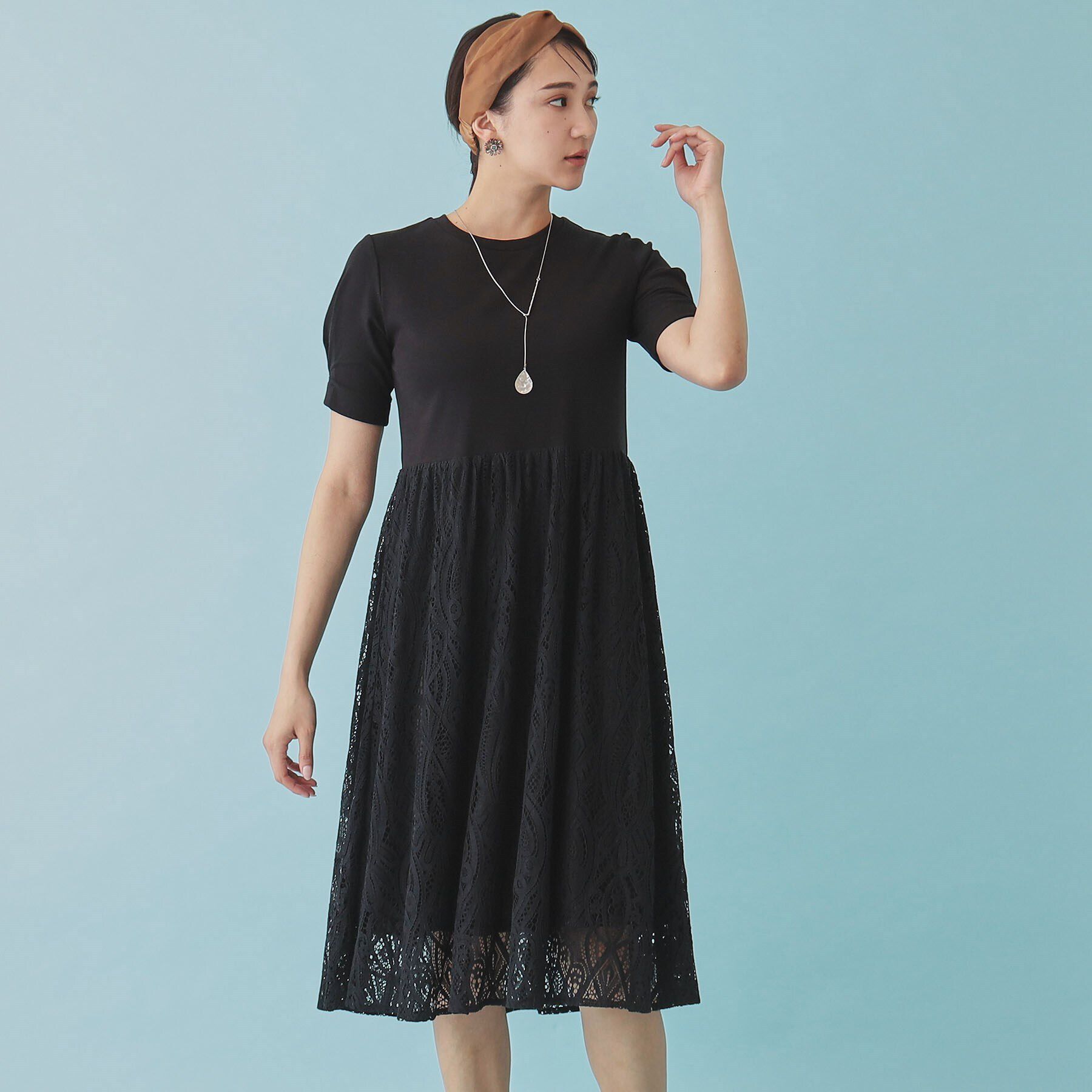 SunaUna「【レース／ミモレ丈】異素材ドッキングワンピース」|ワンピース|