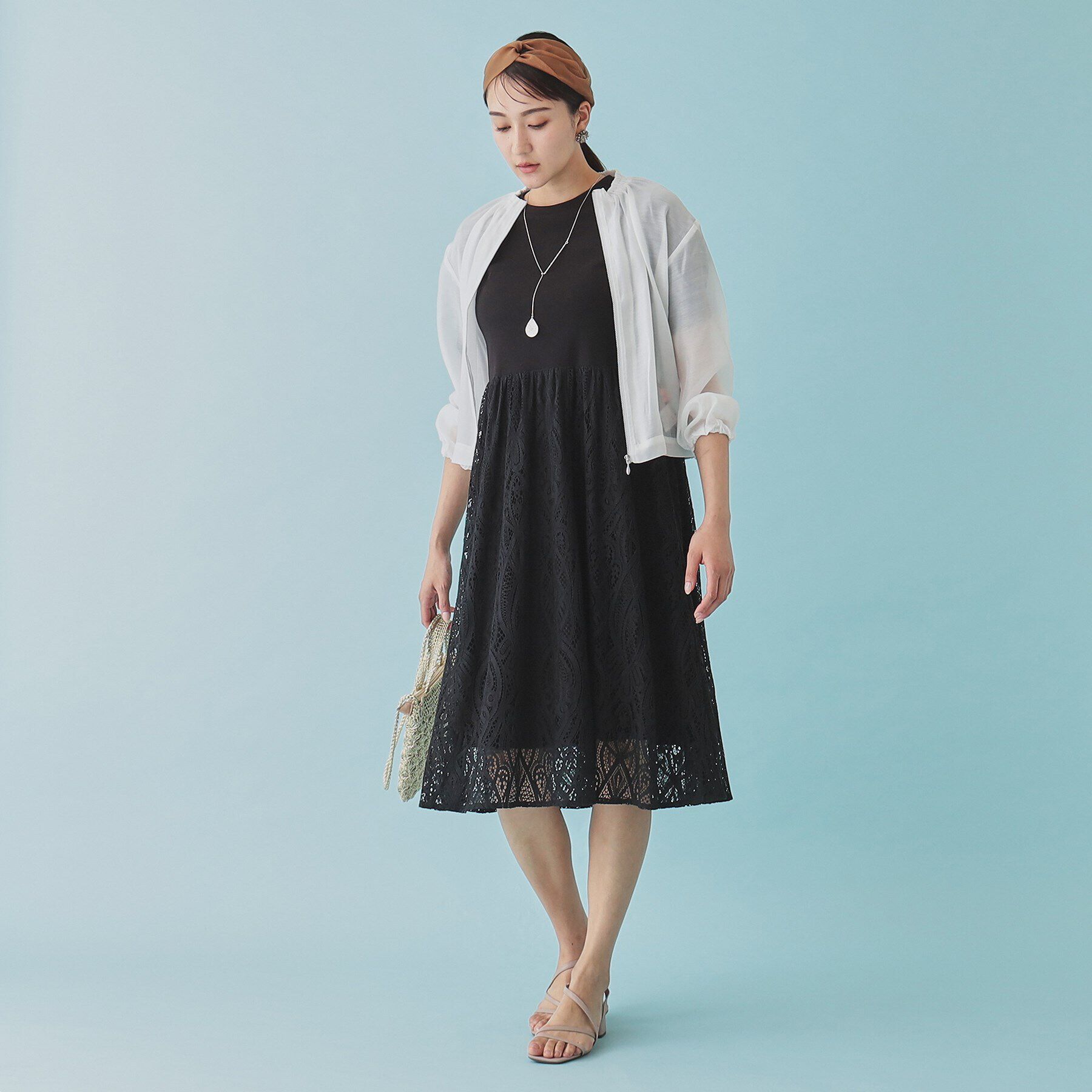SunaUna「【レース／ミモレ丈】異素材ドッキングワンピース」|ワンピース|