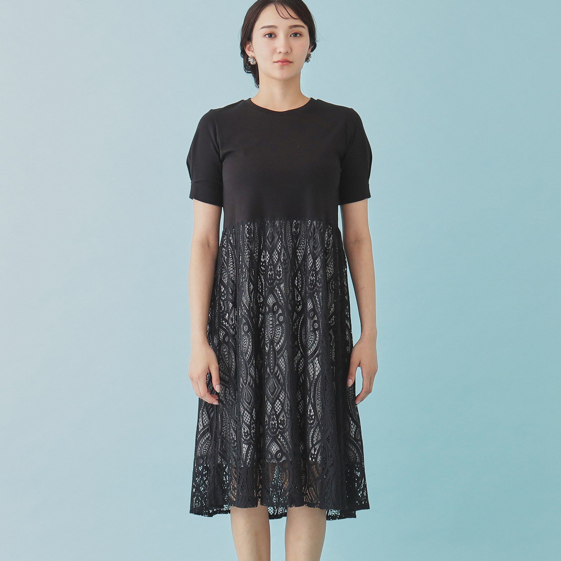 SunaUna「【レース／ミモレ丈】異素材ドッキングワンピース」|ワンピース|