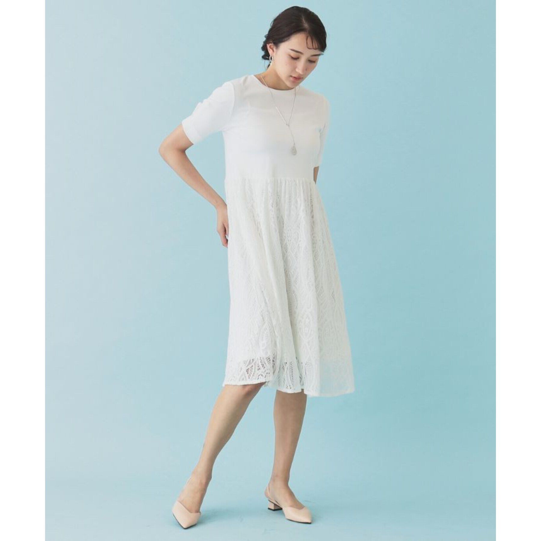 SunaUna「【レース／ミモレ丈】異素材ドッキングワンピース」|ワンピース|