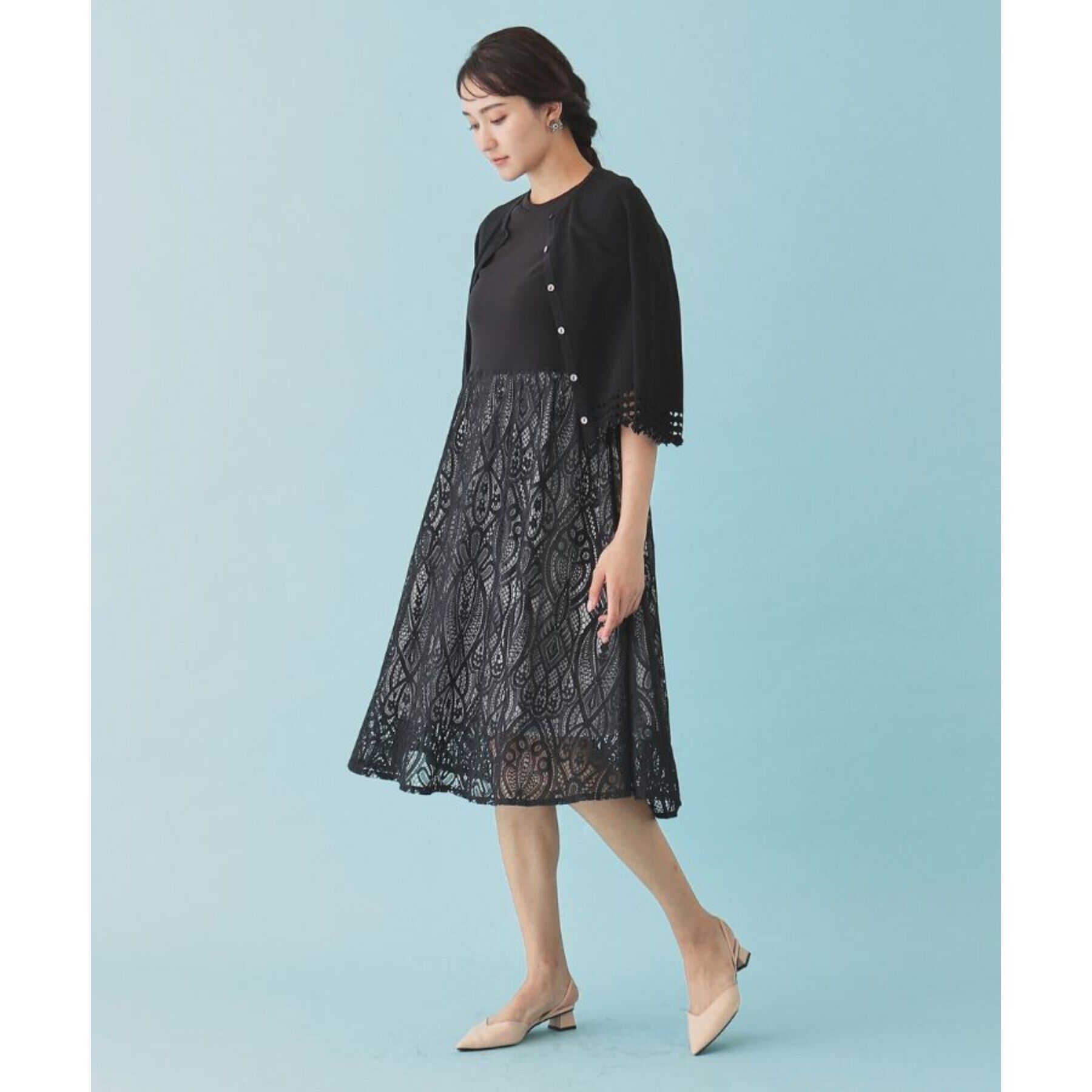 SunaUna「【レース／ミモレ丈】異素材ドッキングワンピース」|ワンピース|