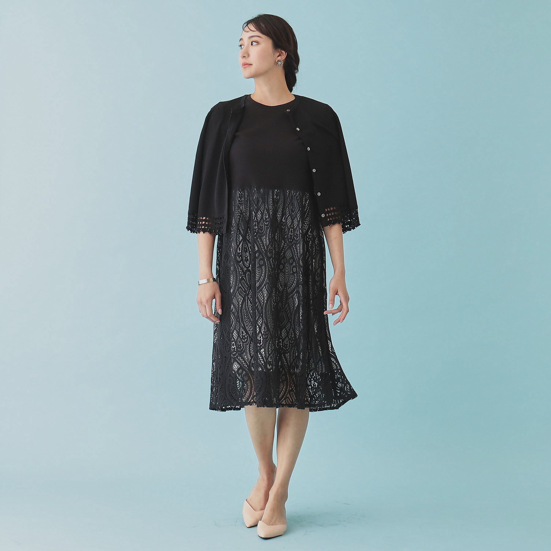 SunaUna「【レース／ミモレ丈】異素材ドッキングワンピース」|ワンピース|