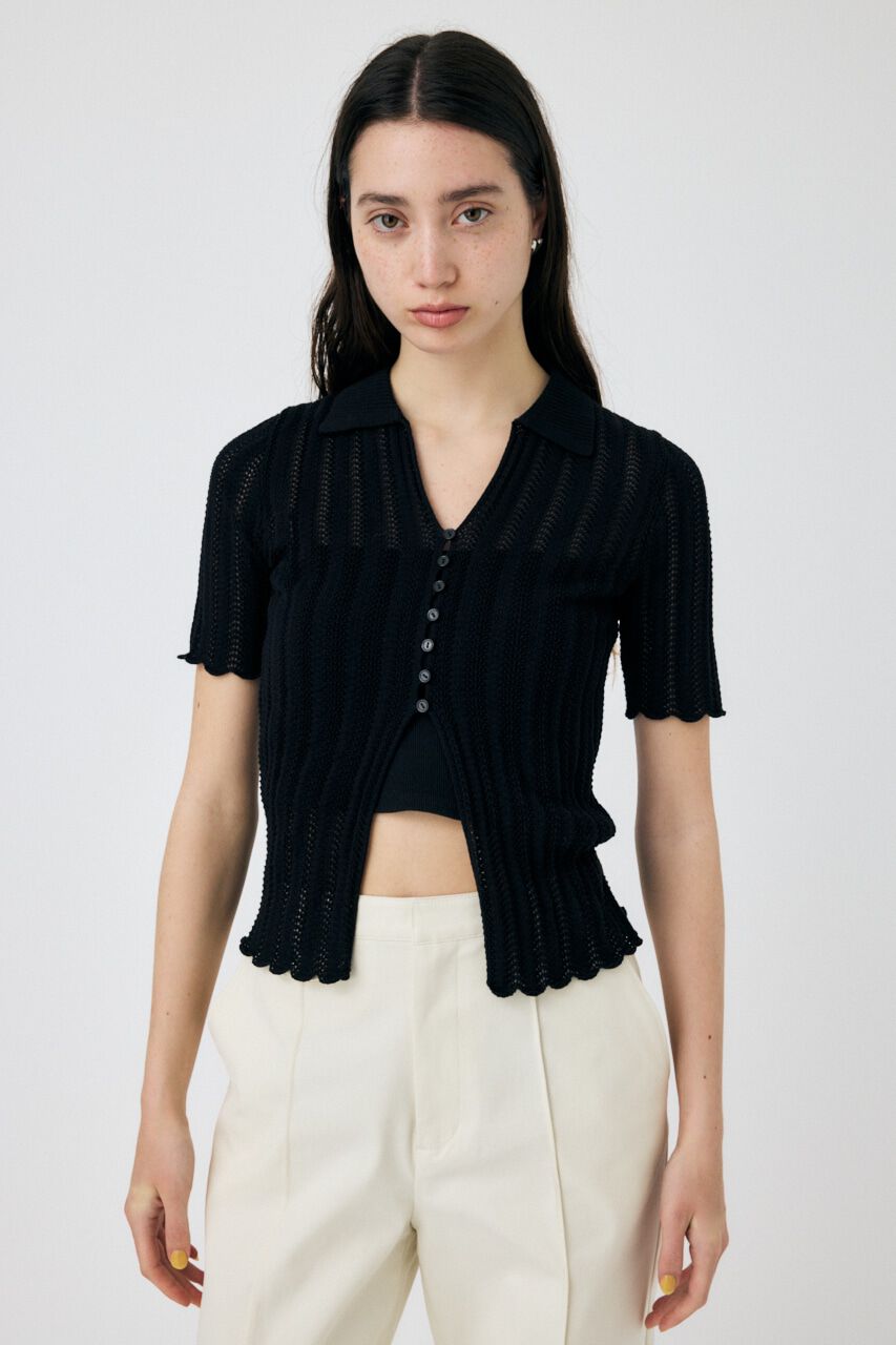 MOUSSY「COTTON KNIT OPENWORK カーディガン」|ニット・セーター|BLK