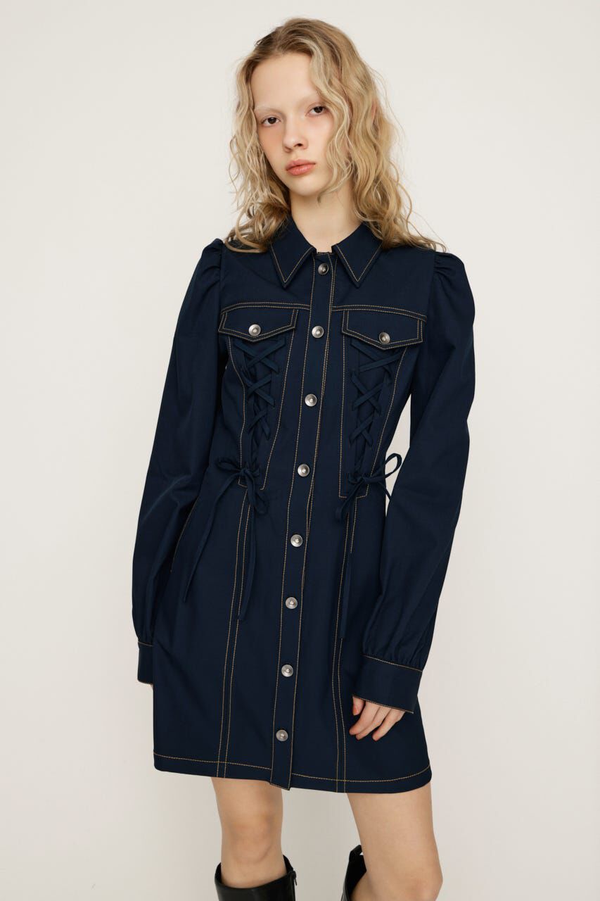 SLY「LACE UP FRONT BUTTON ショートワンピース」|ワンピース|NVY