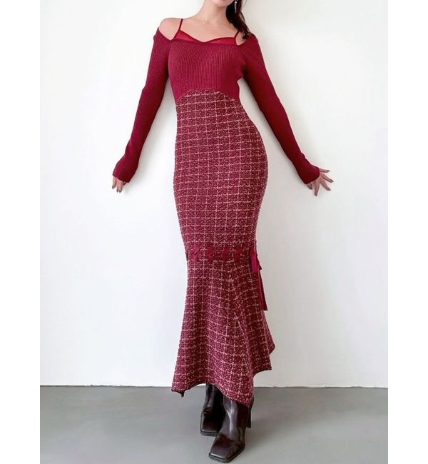 RESEXXY「シアードッキングツイードニットワンピース」|ワンピース|レッド