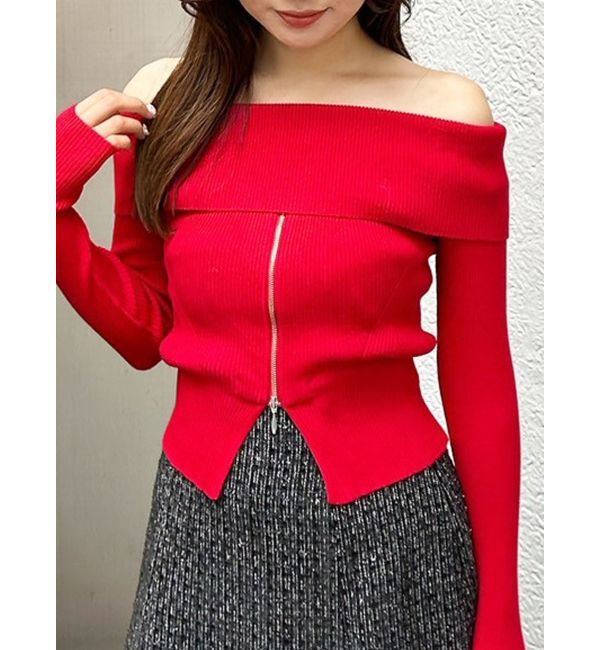 MERCURYDUO「2WAYオフショルZIPロングスリーブニット」|ニット・セーター|レッド