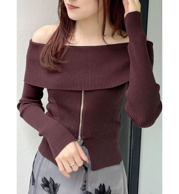 MERCURYDUO「2WAYオフショルZIPロングスリーブニット」|ニット・セーター|ダークブラウン