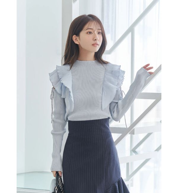 MERCURYDUO「異素材プリーツラッフルリブニット」|ニット・セーター|