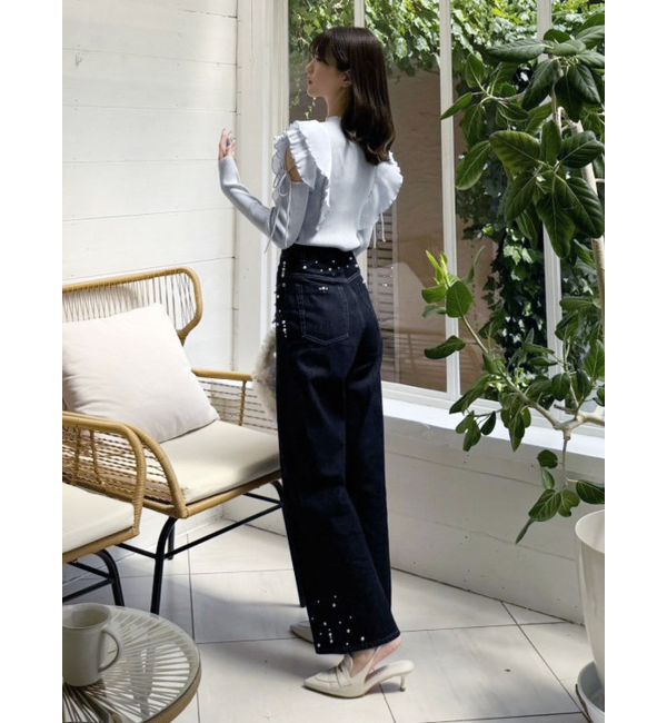 MERCURYDUO「異素材プリーツラッフルリブニット」|ニット・セーター|