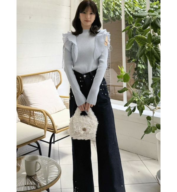 MERCURYDUO「異素材プリーツラッフルリブニット」|ニット・セーター|