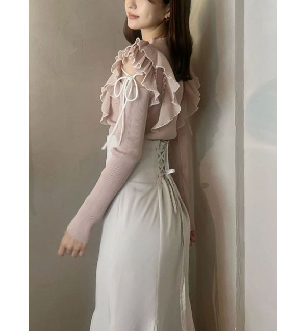 MERCURYDUO「異素材プリーツラッフルリブニット」|ニット・セーター|