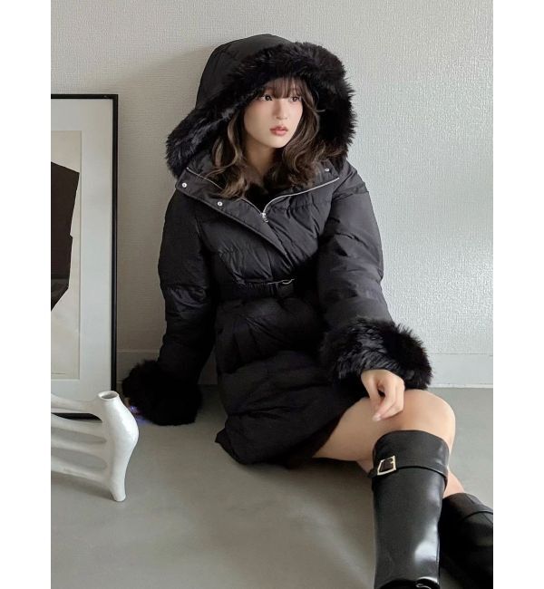 MERCURYDUO「フェイクファー付きアライドロングダウン」|ダウン|ブラック