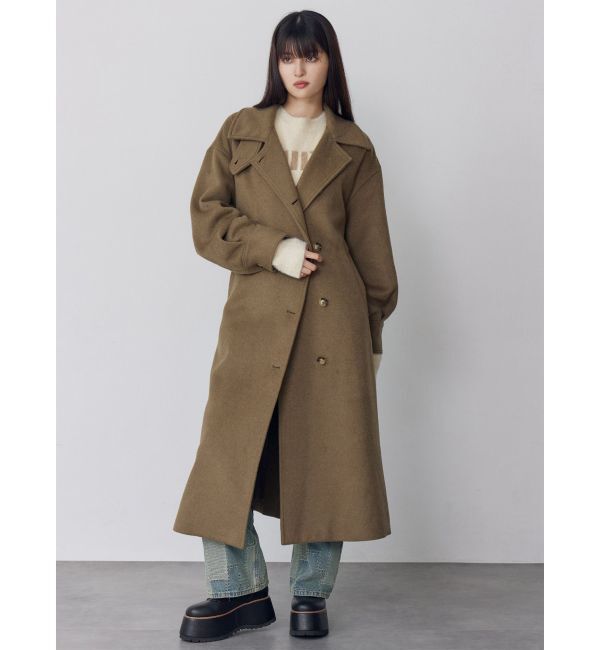 MURUA「スタンドネックダブルカラーコート」|ステンカラーコート|カーキ