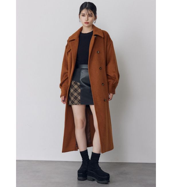 MURUA「スタンドネックダブルカラーコート」|ステンカラーコート|キャメル