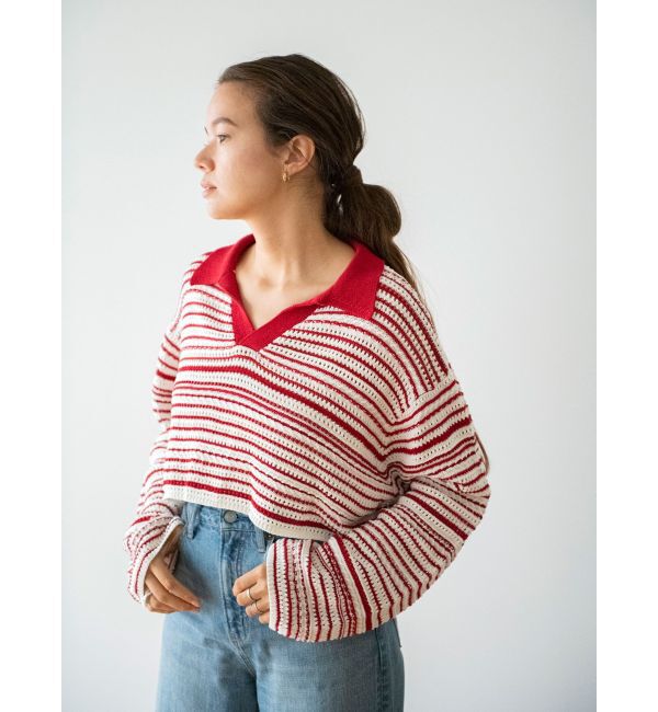 Ungrid「襟ショートボーダーニット」|ニット・セーター|レッド