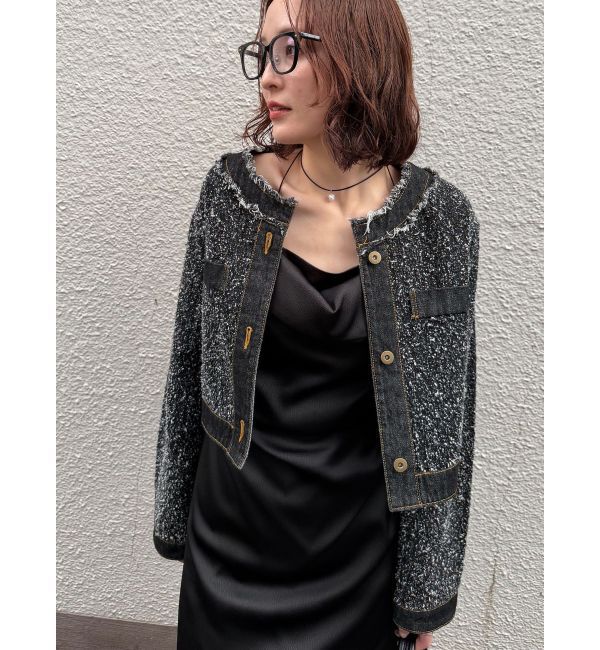 LAGUNAMOON「ツイードライクノーカラーデニムジャケット」|デニムジャケット|