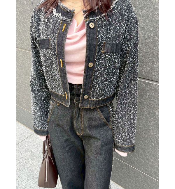LAGUNAMOON「ツイードライクノーカラーデニムジャケット」|デニムジャケット|