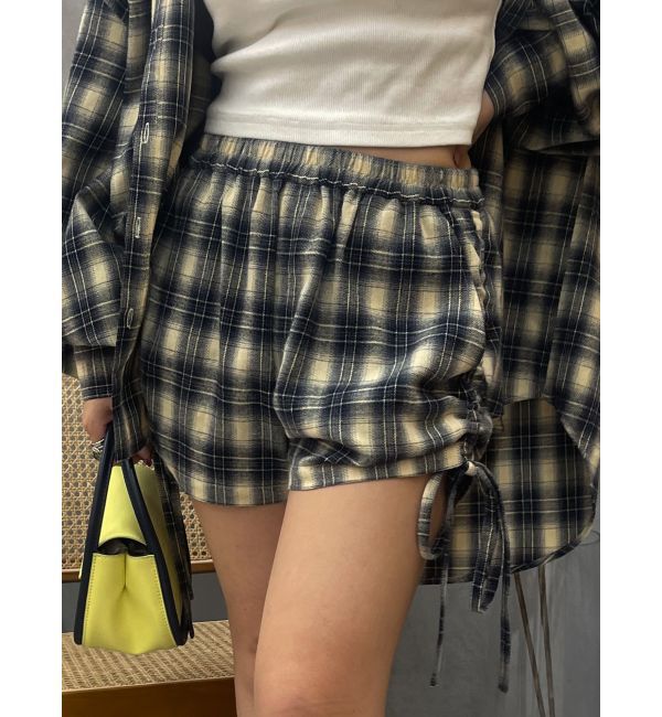 EVRIS「サイドギャザーチェックショートパンツ【セットアップ着用可能】」|その他|ブルー