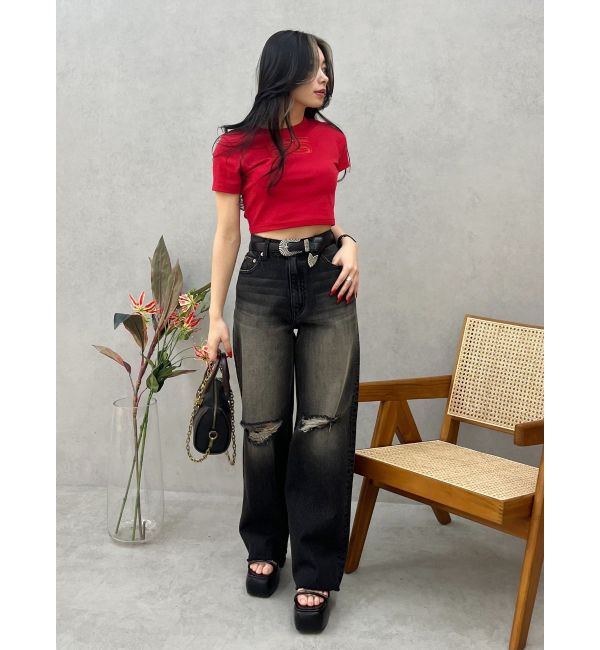 EVRIS「ダメージワイドヴィンテージライクデニムパンツ」|デニム|